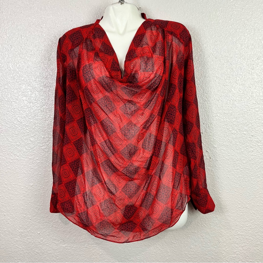 CABI Women's Diamond Blouse‎ Red Print Cowl Neck Style 3125 Size M